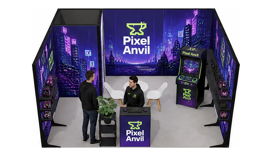 Stoisko 5 × 4 m szeregowe dla branży gry wideo, przykładowa marka Pixel Anvil