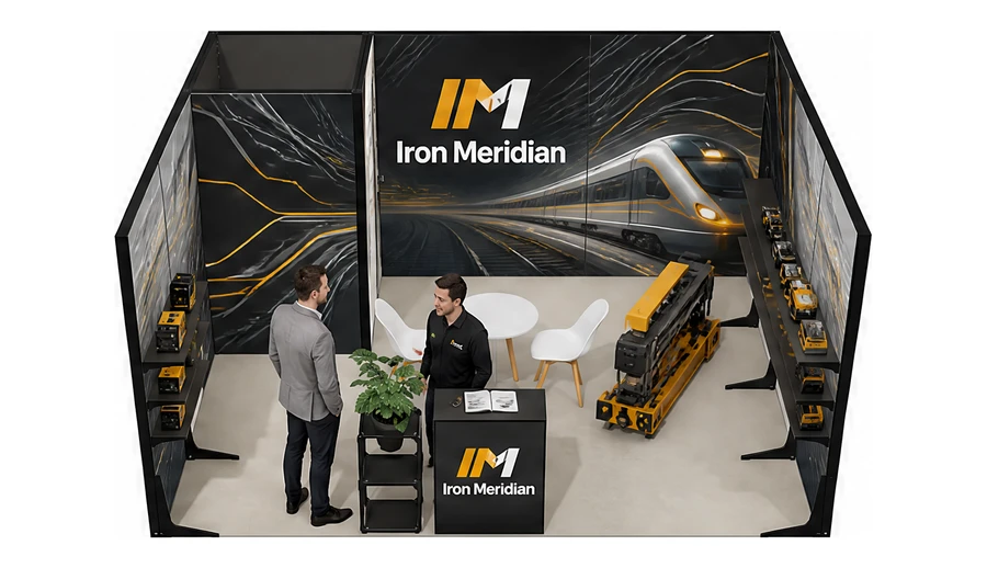 Stoisko 5 × 4 m szeregowe dla branży kolej i tabor, przykładowa marka Iron Meridian