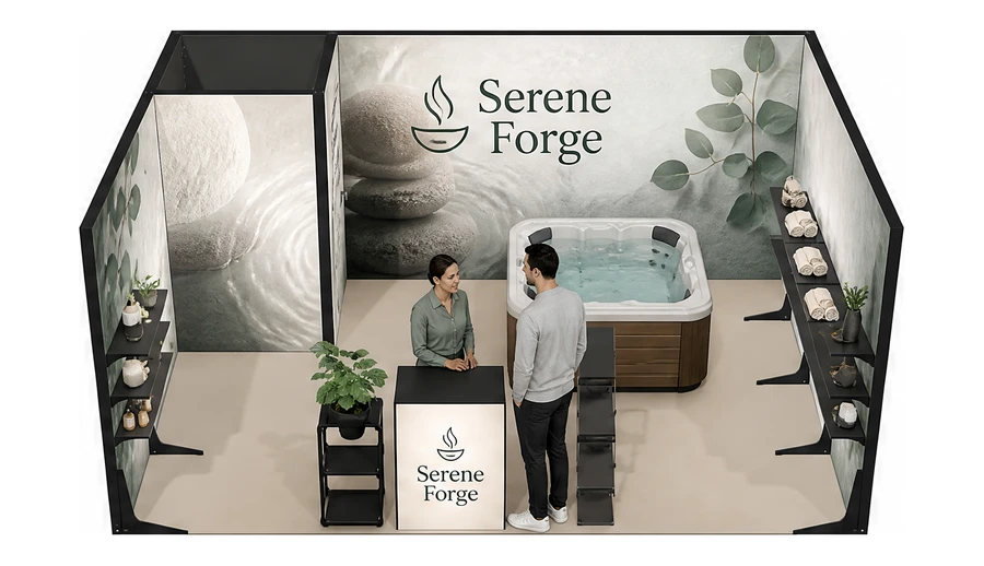 Stoisko 5 × 4 m szeregowe dla branży spa i wellness, przykładowa marka Serene Forge