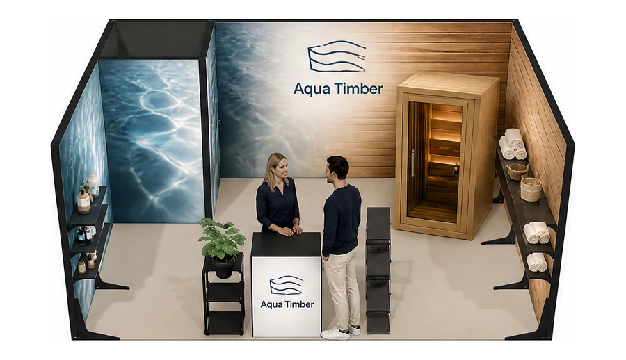 Stoisko 5 × 4 m szeregowe dla branży baseny i sauny, przykładowa marka Aqua Timber