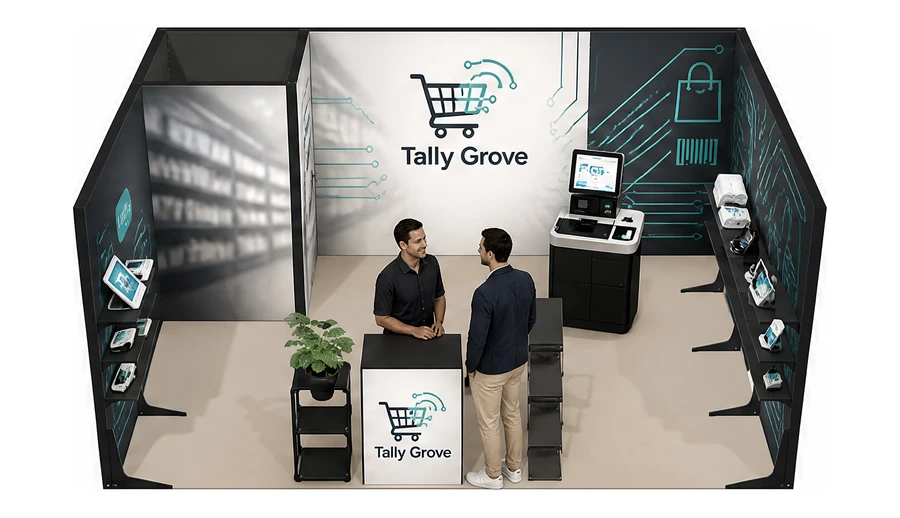 Stoisko 5 × 4 m szeregowe dla branży technologie dla handlu, przykładowa marka Tally Grove