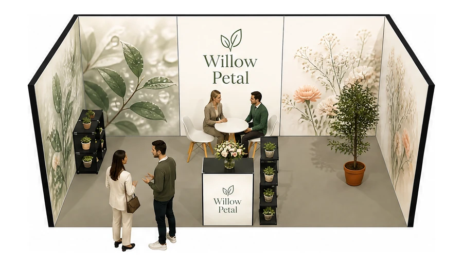 Stoisko 6 × 3 m szeregowe dla branży rośliny i kwiaciarstwo, przykładowa marka Willow Petal