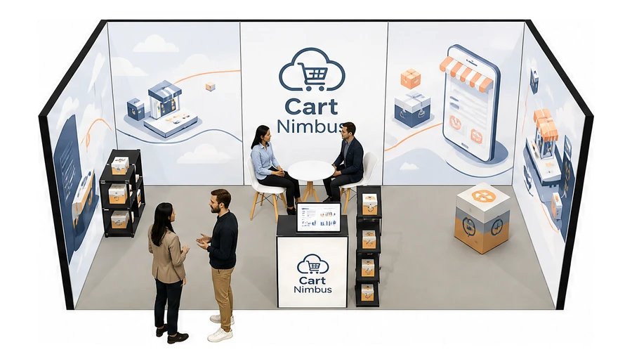 Stoisko 6 × 3 m szeregowe dla branży e-commerce, przykładowa marka Cart Nimbus