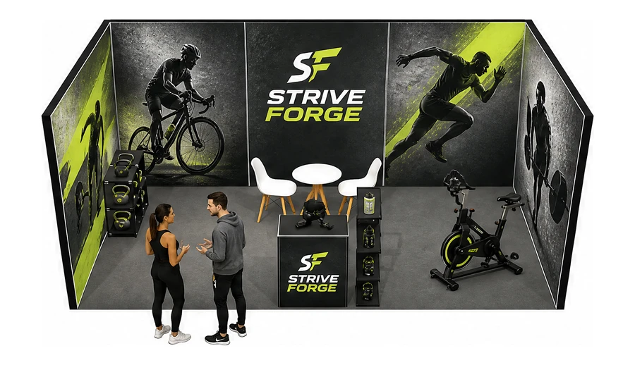 Stoisko 6 × 3 m szeregowe dla branży sprzęt sportowy, przykładowa marka Strive Forge