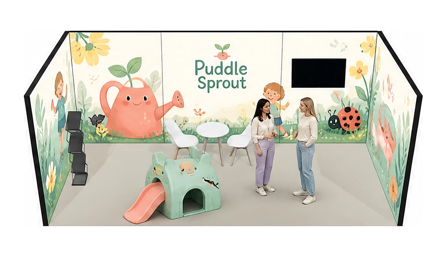 Stoisko 6 × 3 m szeregowe dla branży zabawki i artykuły dziecięce, przykładowa marka Puddle Sprout