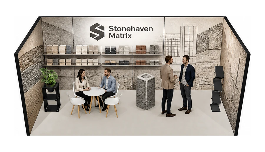 Stoisko 6 × 3 m szeregowe dla branży materiały budowlane, przykładowa marka Stonehaven Matrix