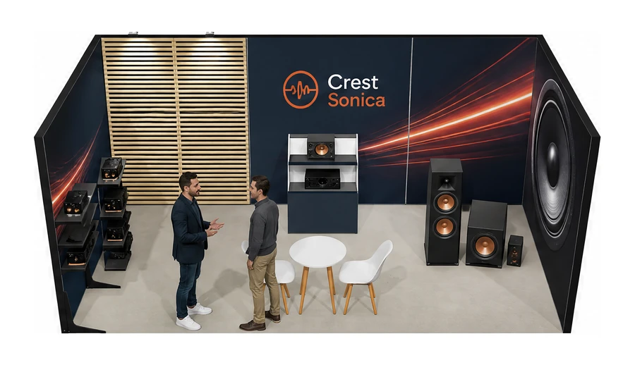 Stoisko 6 × 3 m szeregowe dla branży sprzęt audio-video, przykładowa marka Crest Sonica