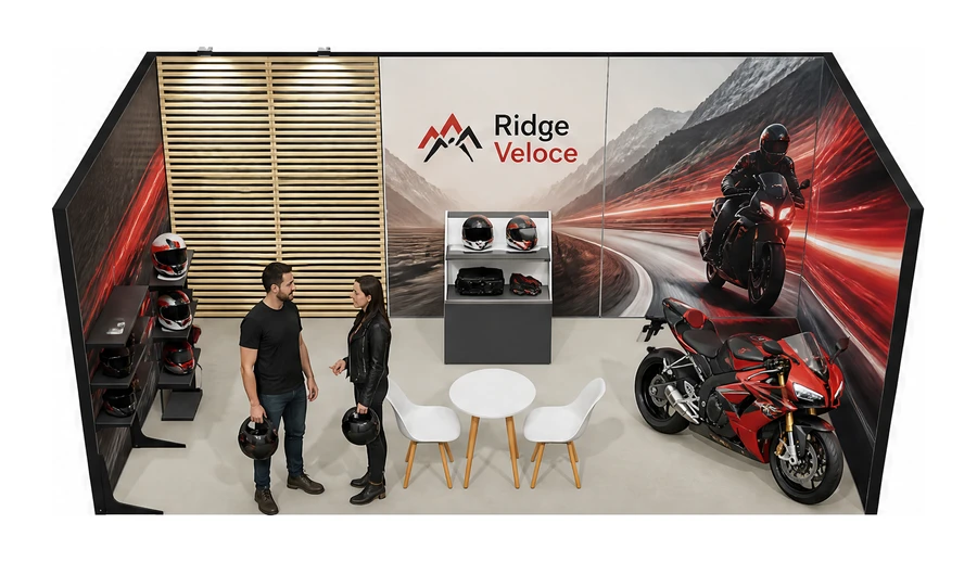 Stoisko 6 × 3 m szeregowe dla branży motocykle i skutery, przykładowa marka Ridge Veloce