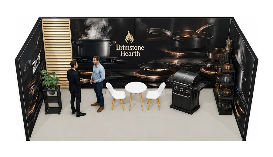 Stoisko 6 × 3 m szeregowe dla branży sprzęt kuchenny i AGD, przykładowa marka Brimstone Hearth