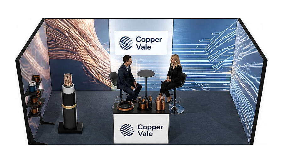 Stoisko 6 × 3 m szeregowe dla branży kable i elektrotechnika, przykładowa marka Copper Vale