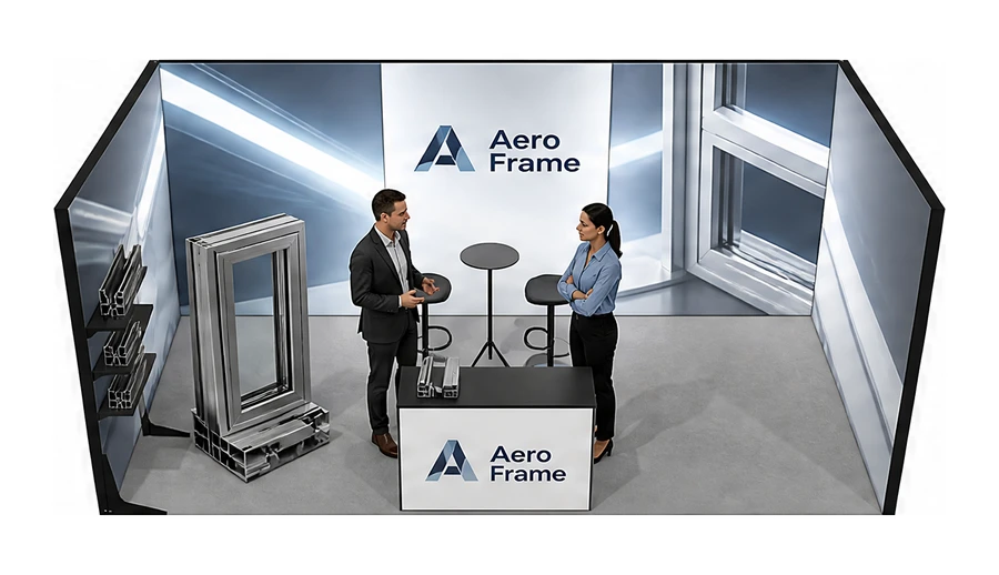 Stoisko 6 × 3 m szeregowe dla branży profile aluminiowe, przykładowa marka Aero Frame