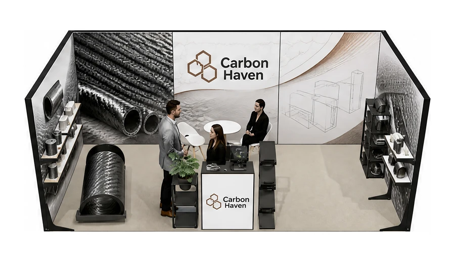 Stoisko 6 × 3 m szeregowe dla branży materiały kompozytowe, przykładowa marka Carbon Haven