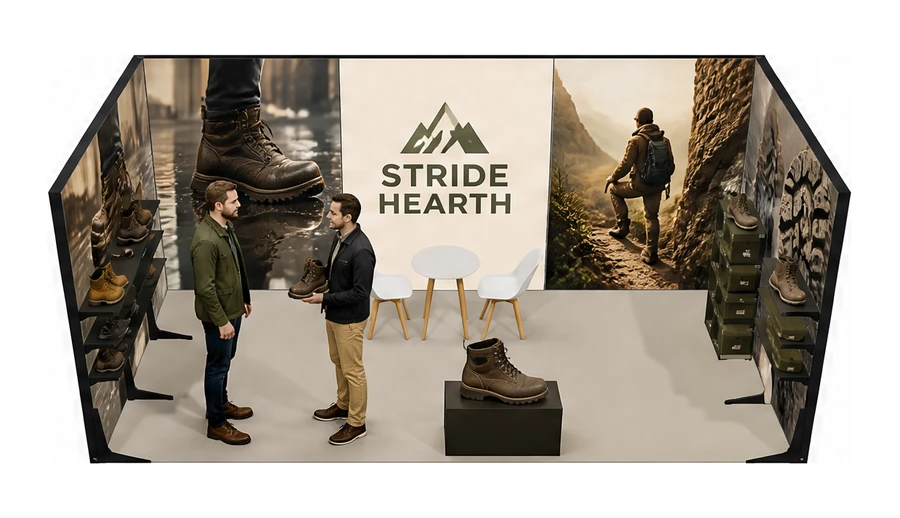 Stoisko 6 × 3 m szeregowe dla branży obuwie, przykładowa marka Stride Hearth