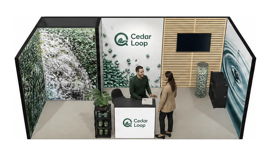 Stoisko 6 × 3 m szeregowe dla branży recykling i ochrona środowiska, przykładowa marka Cedar Loop