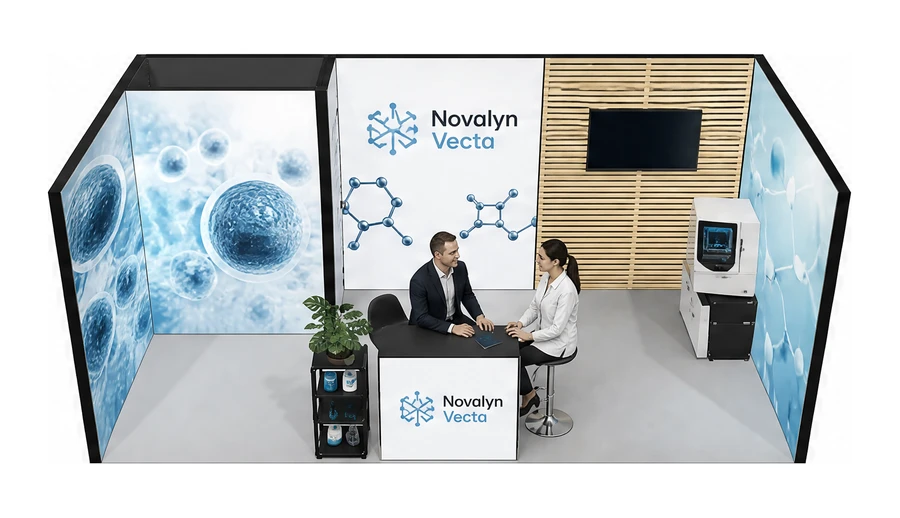 Stoisko 6 × 3 m szeregowe dla branży farmacja i biotechnologia, przykładowa marka Novalyn Vecta