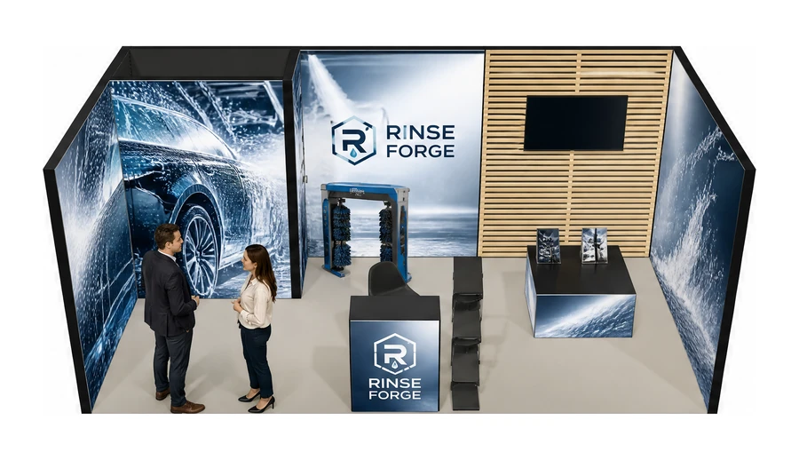 Stoisko 6 × 3 m szeregowe dla branży myjnie i pielęgnacja aut, przykładowa marka Rinse Forge