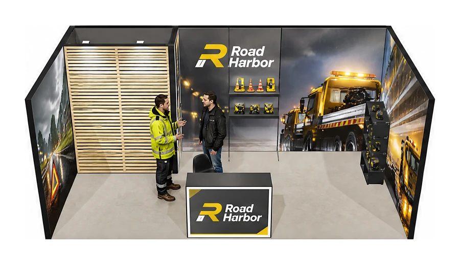 Stoisko 6 × 3 m szeregowe dla branży pomoc drogowa i lawety, przykładowa marka Road Harbor