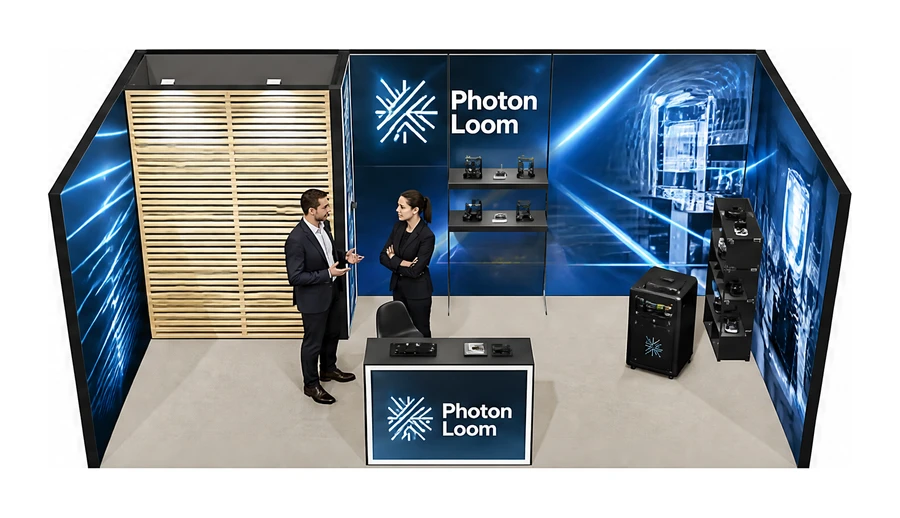 Stoisko 6 × 3 m szeregowe dla branży technika laserowa i fotonika, przykładowa marka Photon Loom