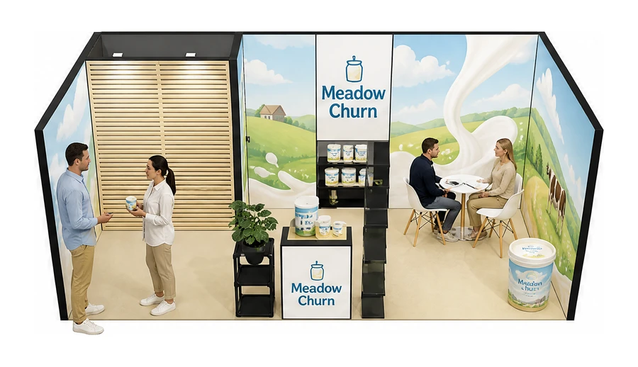 Stoisko 6 × 3 m szeregowe dla branży nabiał i mleczarstwo, przykładowa marka Meadow Churn