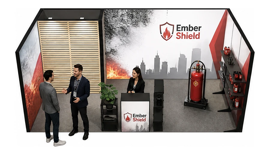 Stoisko 6 × 3 m szeregowe dla branży ochrona przeciwpożarowa, przykładowa marka Ember Shield