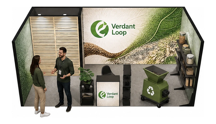 Stoisko 6 × 3 m szeregowe dla branży recykling i ochrona środowiska, przykładowa marka Verdant Loop