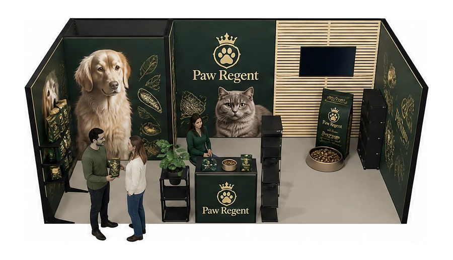Stoisko 6 × 3 m szeregowe dla branży karma dla zwierząt, przykładowa marka Paw Regent