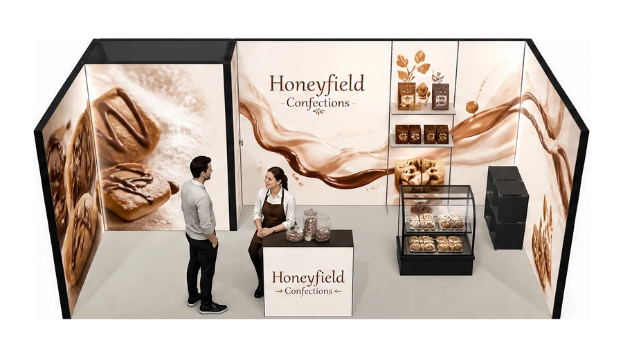 Stoisko 6 × 3 m szeregowe dla branży piekarnictwo i cukiernictwo, przykładowa marka Honeyfield Confections