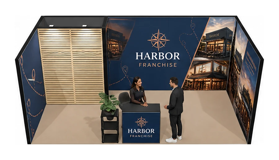 Stoisko 6 × 3 m szeregowe dla branży franczyza i sieci, przykładowa marka Harbor Franchise