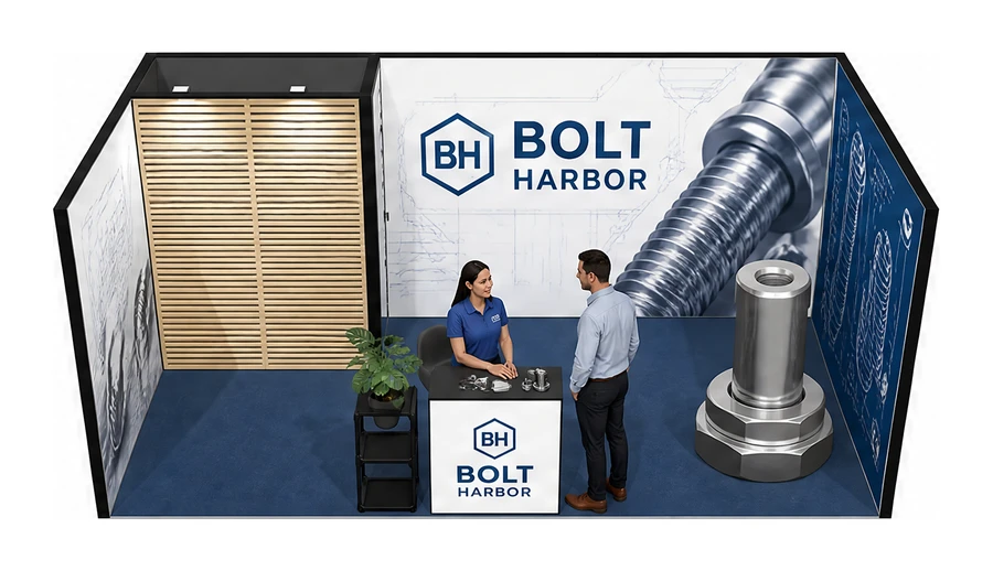 Stoisko 6 × 3 m szeregowe dla branży elementy złączne, przykładowa marka Bolt Harbor