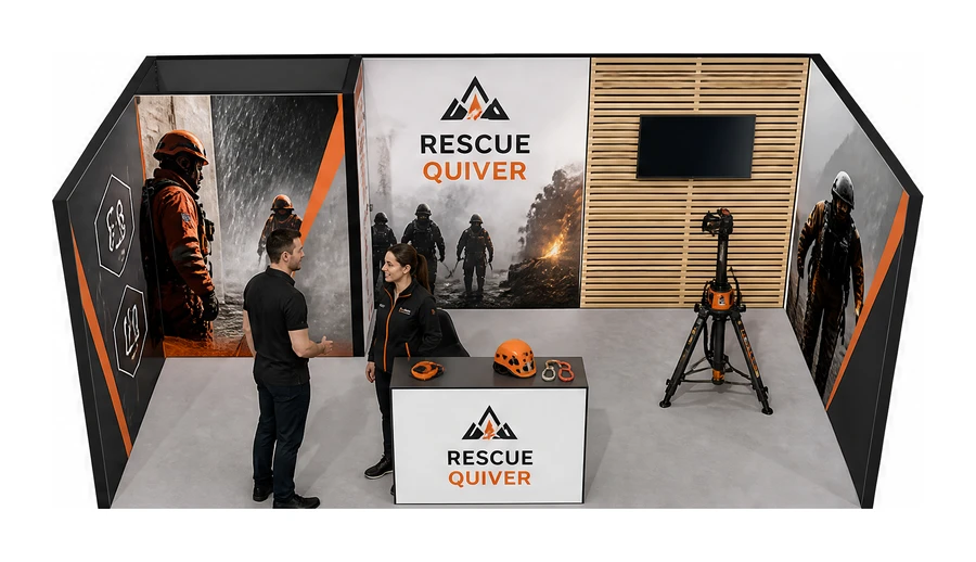 Stoisko 6 × 3 m szeregowe dla branży ratownictwo i sprzęt ratunkowy, przykładowa marka Rescue Quiver