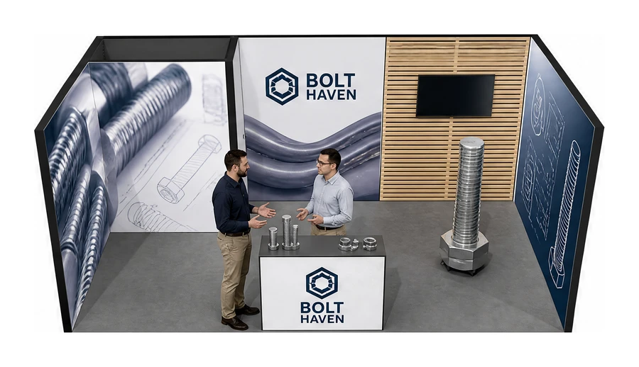 Stoisko 6 × 3 m szeregowe dla branży elementy złączne, przykładowa marka Bolt Haven