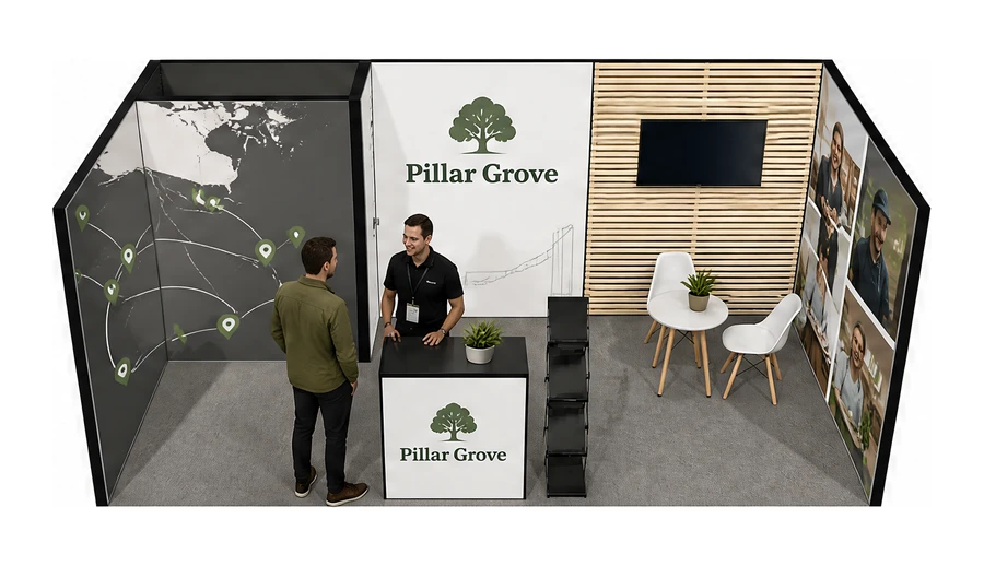 Stoisko 6 × 3 m szeregowe dla branży franczyza i sieci, przykładowa marka Pillar Grove