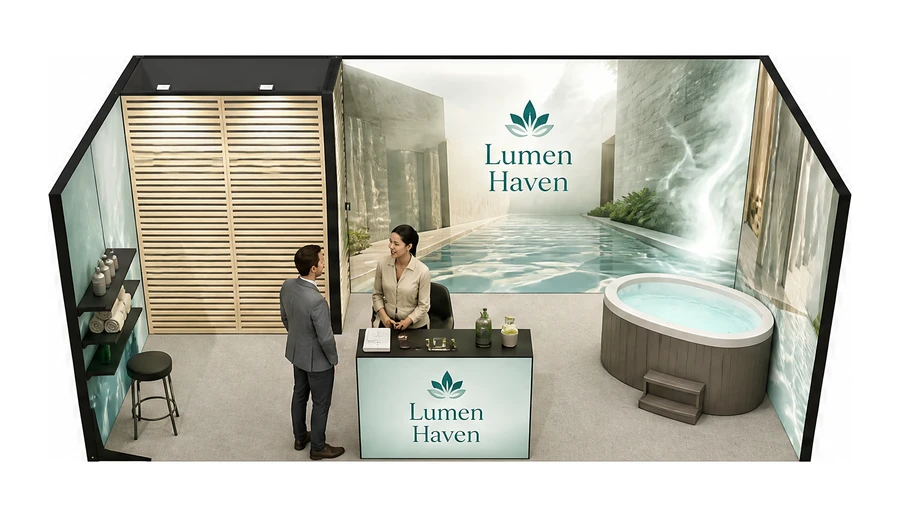 Stoisko 6 × 3 m szeregowe dla branży spa i wellness, przykładowa marka Lumen Haven
