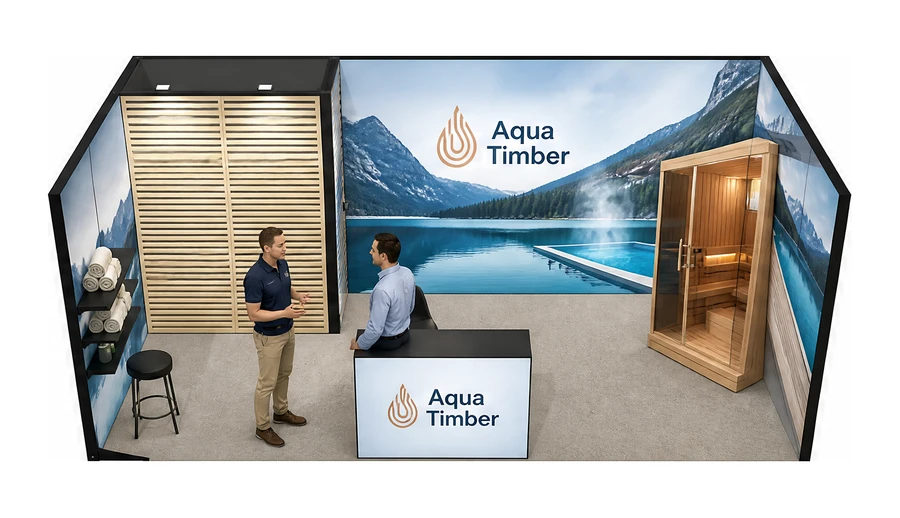 Stoisko 6 × 3 m szeregowe dla branży baseny i sauny, przykładowa marka Aqua Timber