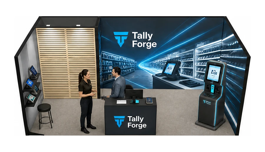 Stoisko 6 × 3 m szeregowe dla branży technologie dla handlu, przykładowa marka Tally Forge