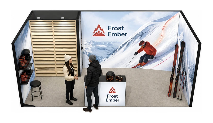 Stoisko 6 × 3 m szeregowe dla branży narciarstwo i sporty zimowe, przykładowa marka Frost Ember