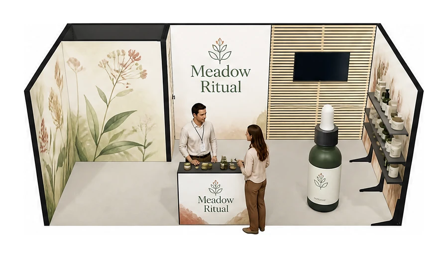 Stoisko 6 × 3 m szeregowe dla branży kosmetyki naturalne, przykładowa marka Meadow Ritual