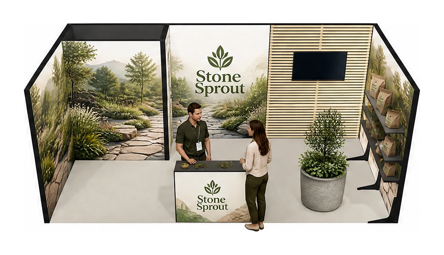 Stoisko 6 × 3 m szeregowe dla branży ogród i architektura krajobrazu, przykładowa marka Stone Sprout