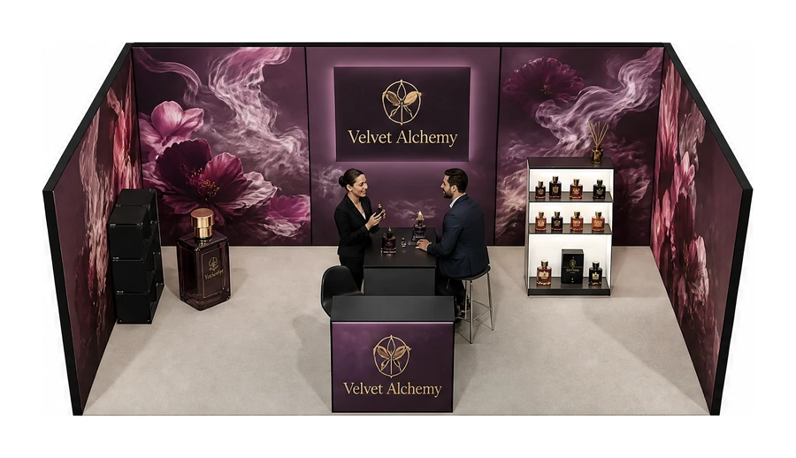 Stoisko 6 × 4 m szeregowe dla branży perfumy, przykładowa marka Velvet Alchemy