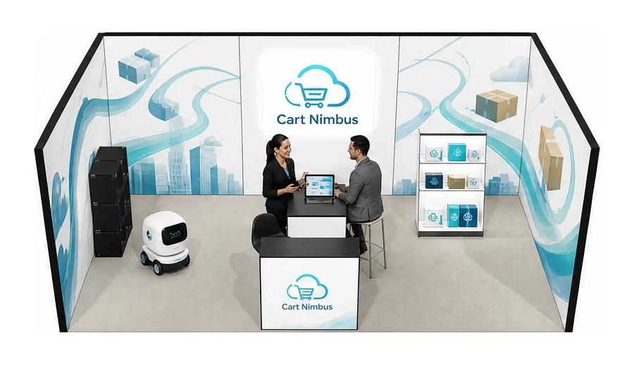 Stoisko 6 × 4 m szeregowe dla branży e-commerce, przykładowa marka Cart Nimbus