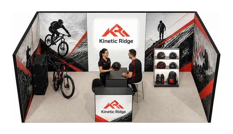 Stoisko 6 × 4 m szeregowe dla branży sprzęt sportowy, przykładowa marka Kinetic Ridge