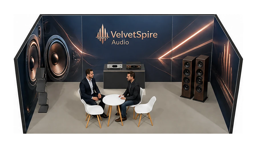 Stoisko 6 × 4 m szeregowe dla branży sprzęt audio-video, przykładowa marka VelvetSpire Audio