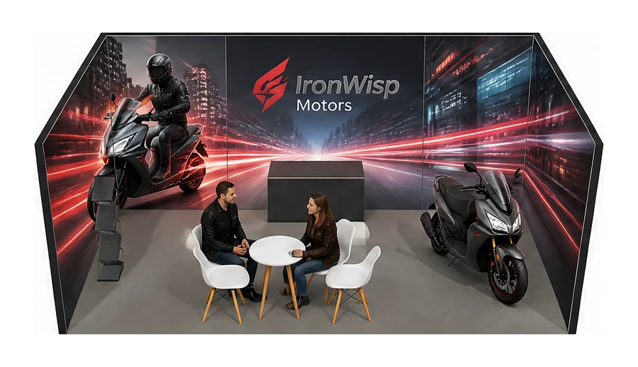Stoisko 6 × 4 m szeregowe dla branży motocykle i skutery, przykładowa marka IronWisp Motors