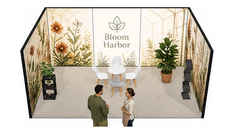 Stoisko 6 × 4 m szeregowe dla branży rośliny i kwiaciarstwo, przykładowa marka Bloom Harbor