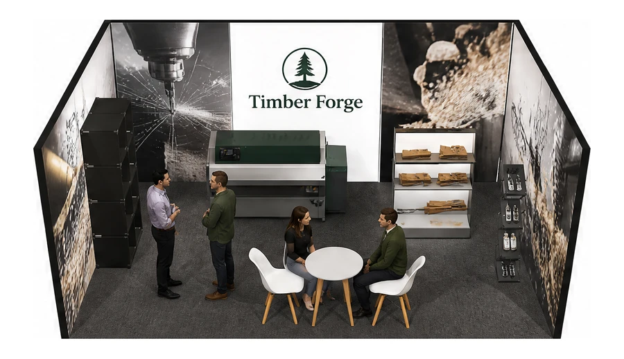 Stoisko 6 × 4 m szeregowe dla branży maszyny do obróbki drewna, przykładowa marka Timber Forge