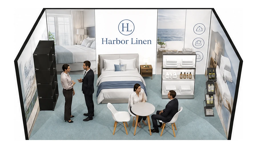 Stoisko 6 × 4 m szeregowe dla branży wyposażenie hoteli, przykładowa marka Harbor Linen