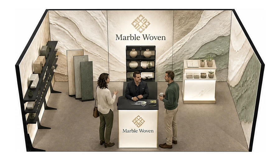 Stoisko 6 × 4 m szeregowe dla branży wykończenie wnętrz, przykładowa marka Marble Woven