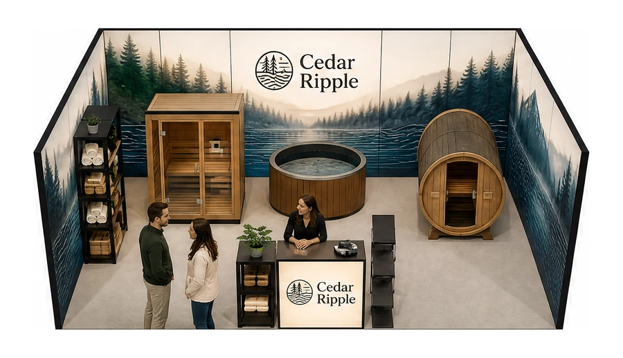 Stoisko 6 × 4 m szeregowe dla branży baseny i sauny, przykładowa marka Cedar Ripple