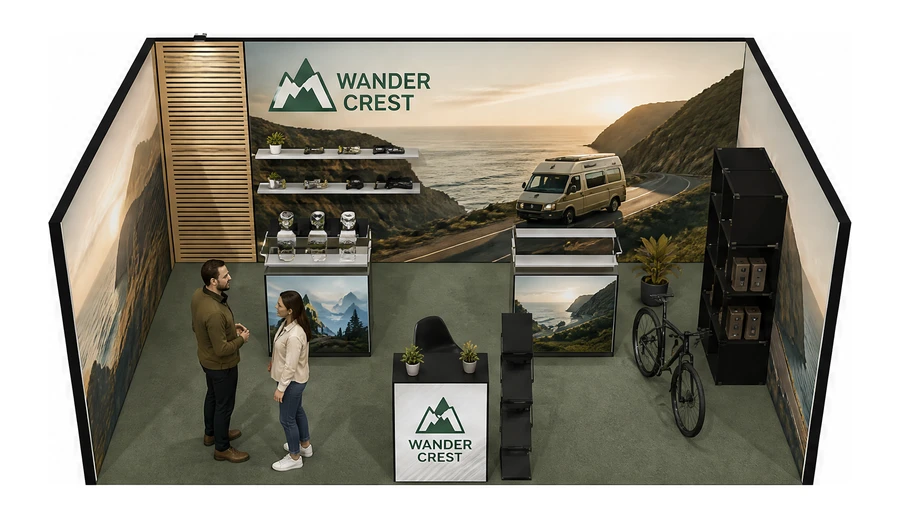 Stoisko 6 × 4 m szeregowe dla branży caravaning i kampery, przykładowa marka Wander Crest