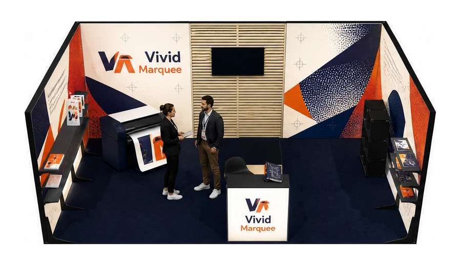 Stoisko 6 × 4 m szeregowe dla branży reklama i druk, przykładowa marka Vivid Marquee